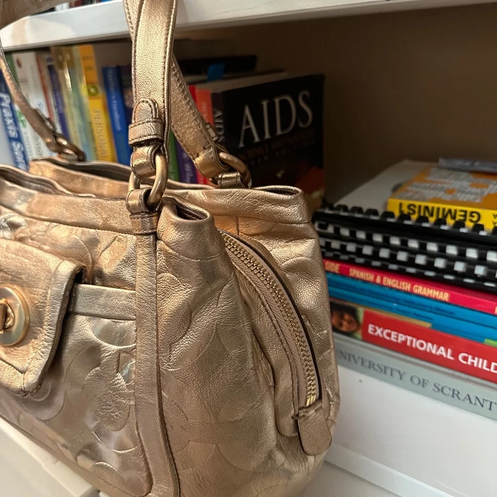 Coach Metallic Rose Gold Signature Leather Shoulder Tote
